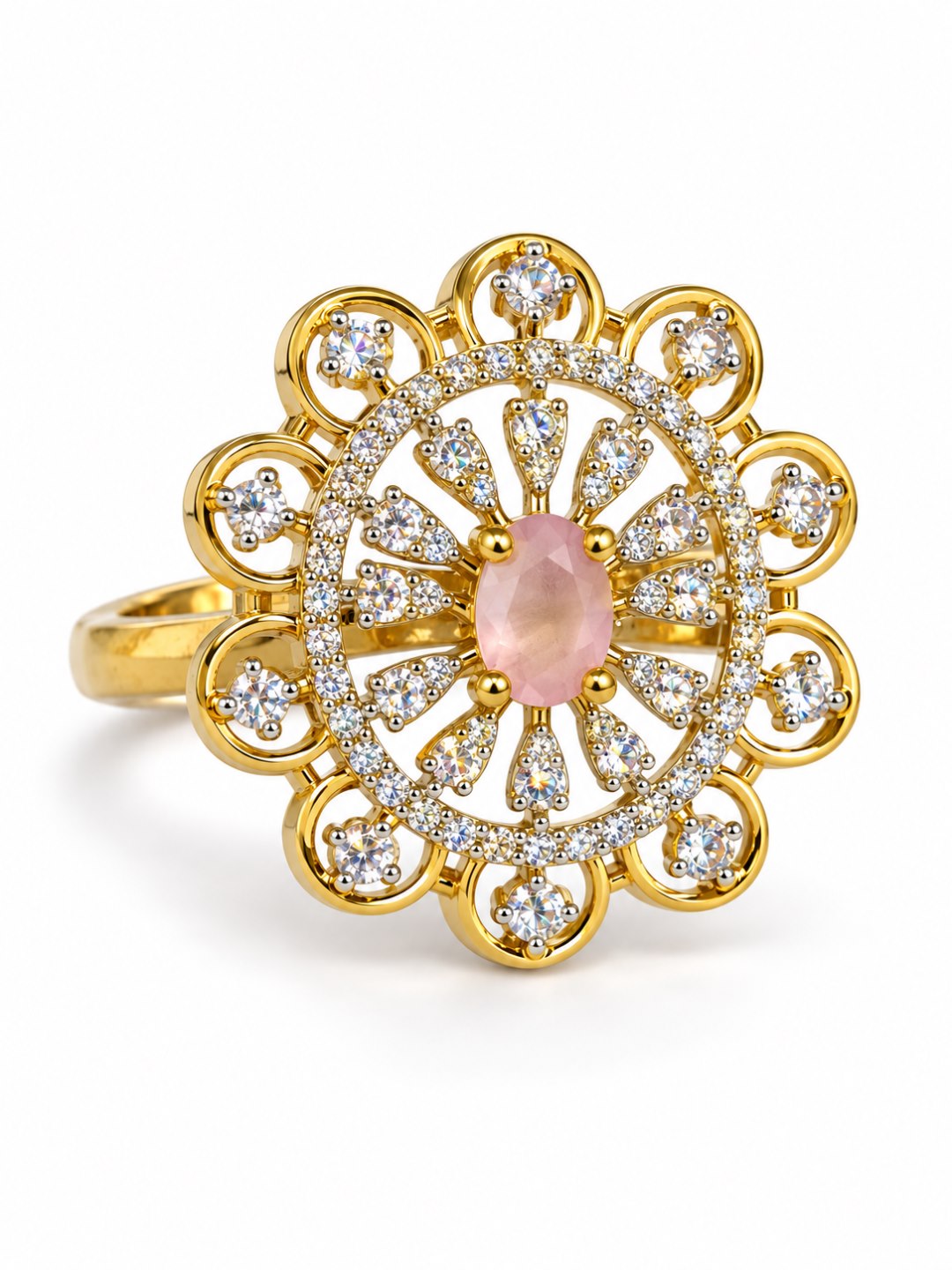 Pink Center Stone Scalloped Floral Halo Ring - Gold Plated