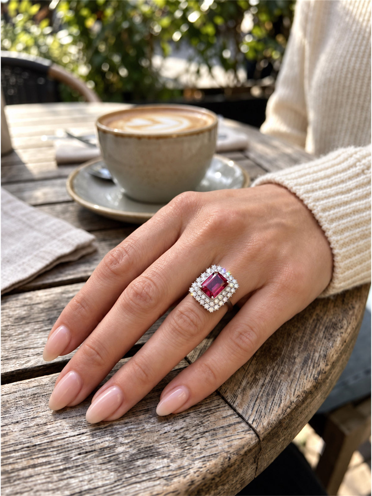 Silver Pink Stone AD Ring – Rectangle-Cut with Heavy Halo Design - product image 5