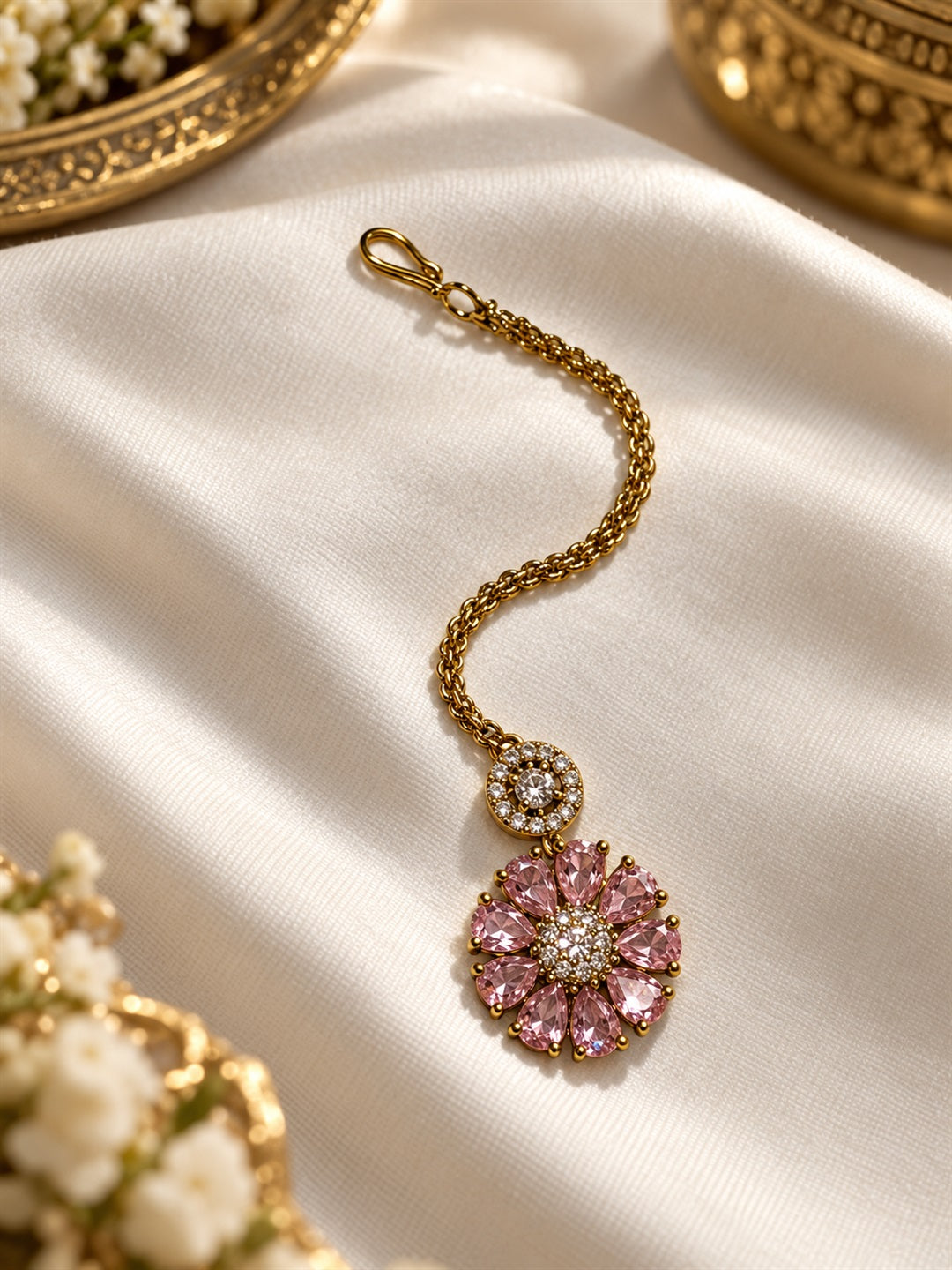 Light Pink Teardrop Floral Maang Tikka - Gold Plated, additional view 4