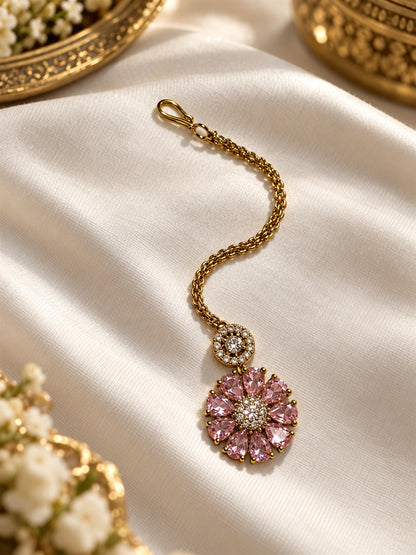 Light Pink Teardrop Floral Maang Tikka - Gold Plated, additional view 4