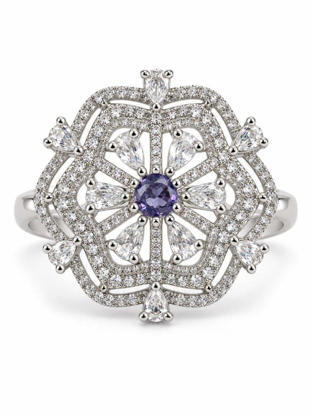 Purple Round Center Geometric Flower Ring - Silver Plated - alternate view