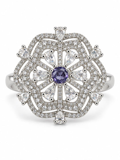 Purple Round Center Geometric Flower Ring - Silver Plated - alternate view
