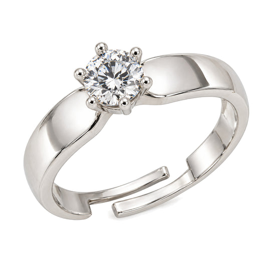Clear Round Solitaire Curved Band Ring - Silver Plated, product view