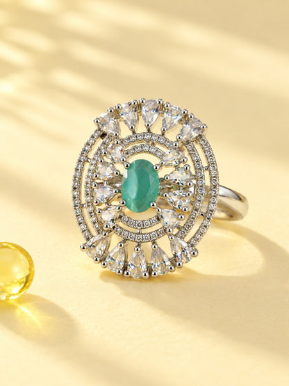 Mint Green Oval Center Halo Ring - Silver Plated - alternate view