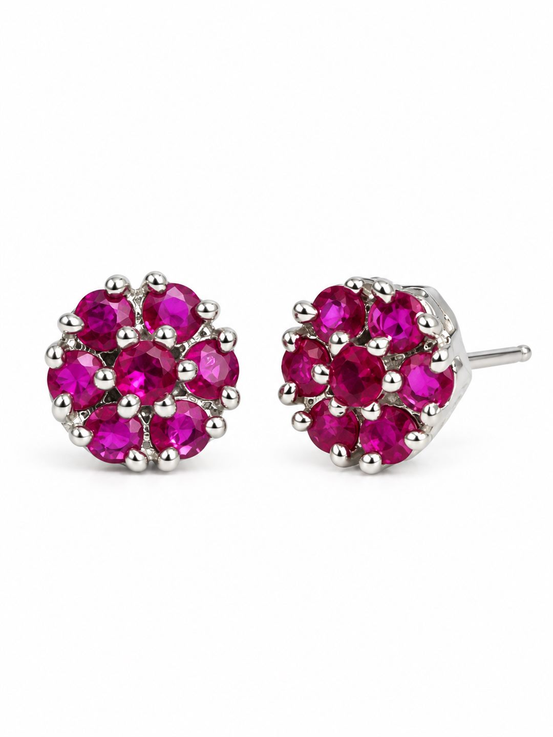 Magenta Stone Floral Cluster Stud Earrings, silver plated, alternate product view