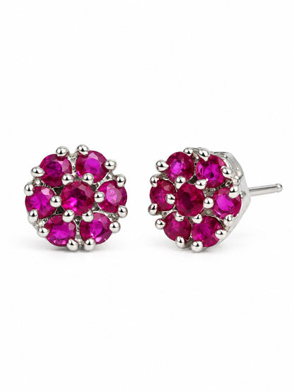 Magenta Stone Floral Cluster Stud Earrings, silver plated, alternate product view