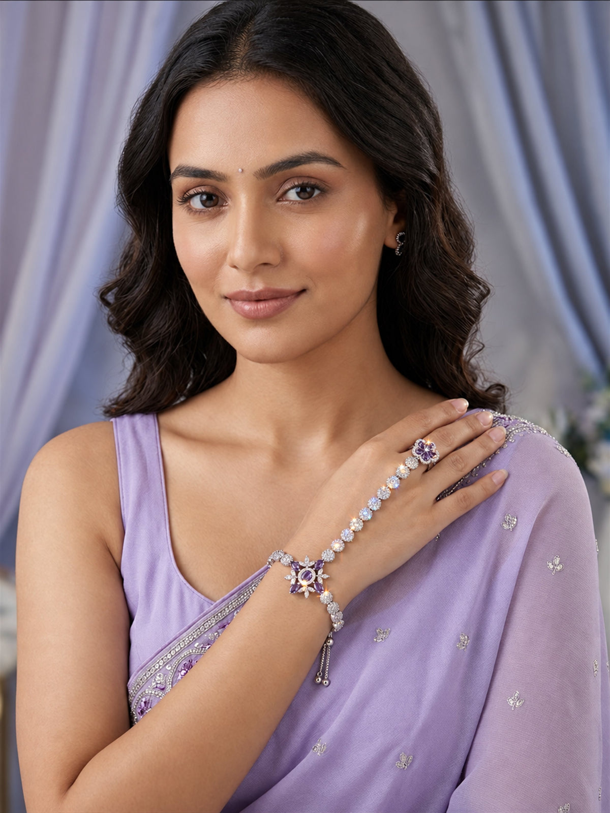 Purple silver-plated floral round-stone chain hathphool