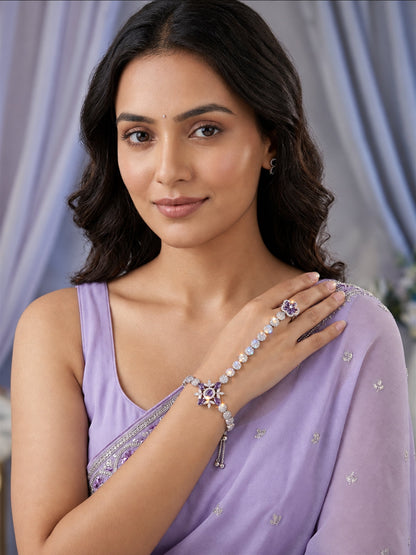 Purple silver-plated floral round-stone chain hathphool