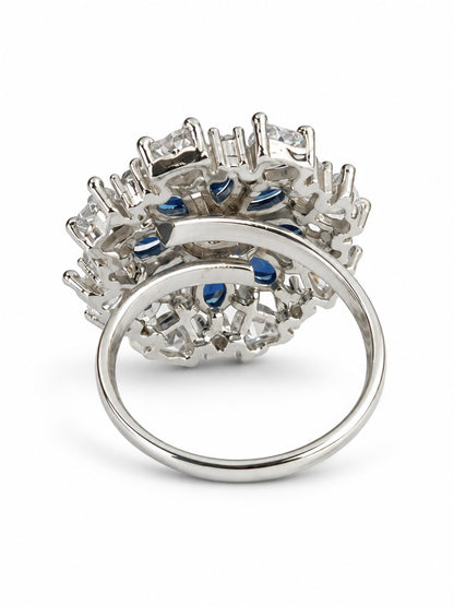 Blue Petal Halo Flower Ring - Silver Plated - alternate view