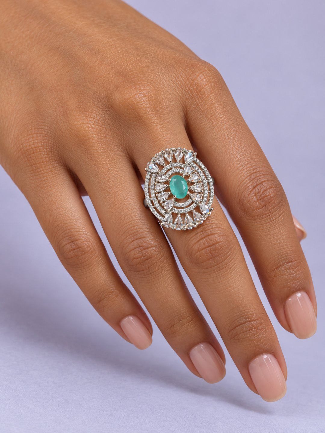 Mint Green Oval Center Halo Ring - Silver Plated worn on hand - close-up