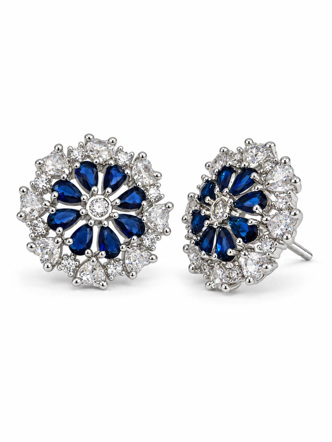 Blue heart-petal flower silver-plated stud earrings