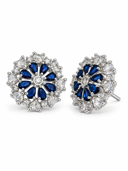 Blue heart-petal flower silver-plated stud earrings