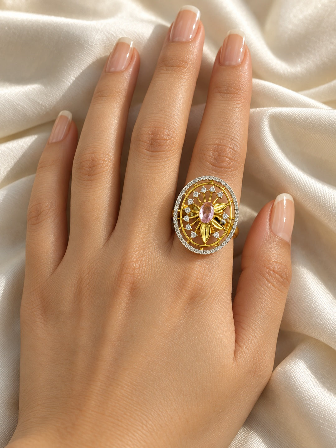 Pink Center Stone Oval Sunburst Ring - Gold Plated - model close-up