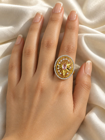 Pink Center Stone Oval Sunburst Ring - Gold Plated - model close-up