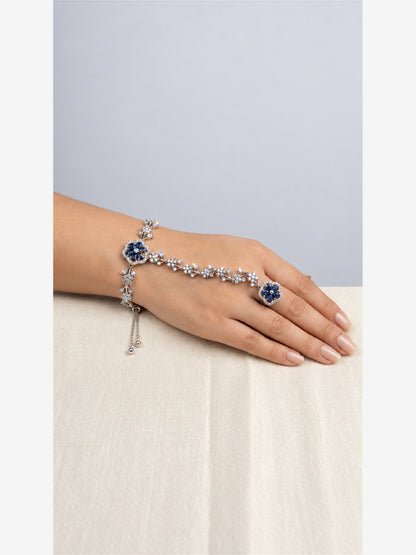 Blue silver-plated floral marquise-stone chain hathphool
