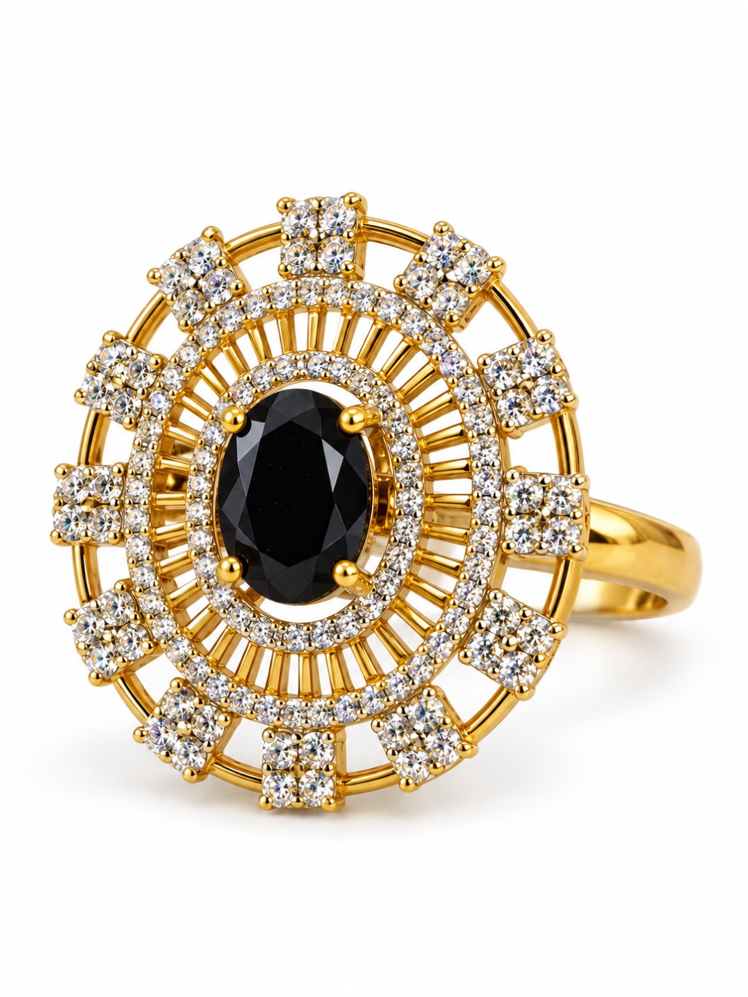 Black Center Stone Baguette Halo Ring - Gold Plated
