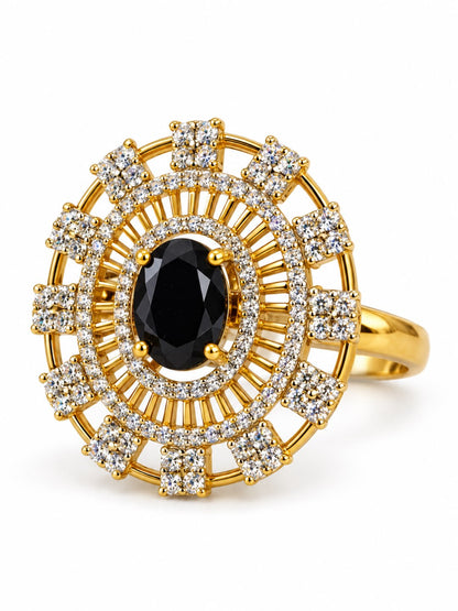 Black Center Stone Baguette Halo Ring - Gold Plated