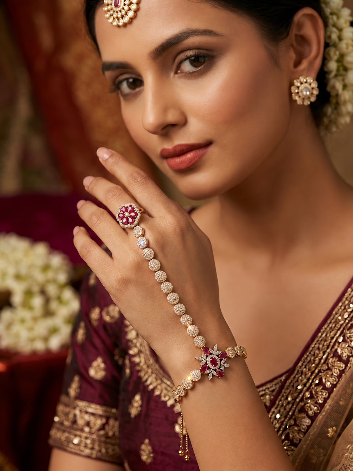 Red Floral Round-Stone Chain Hathphool - Mehndi Plated