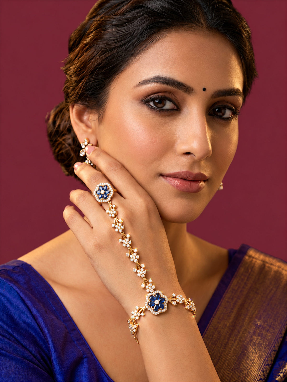 Blue Floral Marquise-Stone Chain Hathphool - Mehndi Plated