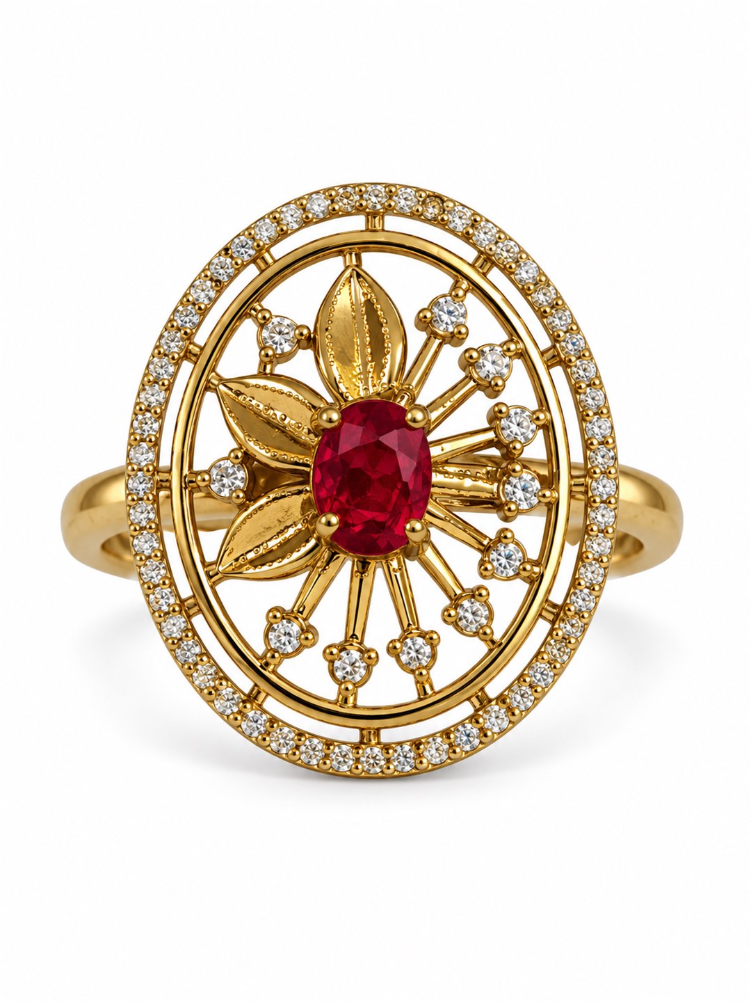 Red Stone Oval Sunburst Ring - Gold Plated, additional view 4