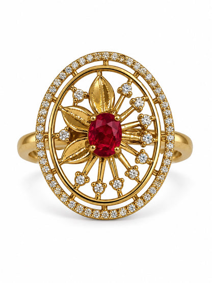 Red Stone Oval Sunburst Ring - Gold Plated, additional view 4