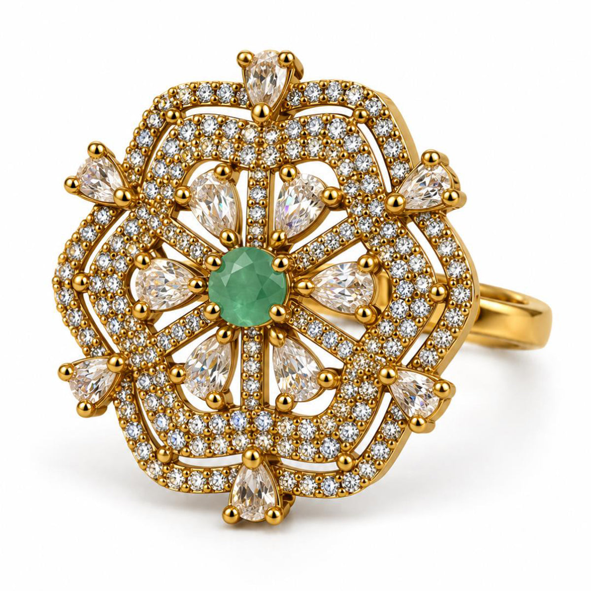 Mint Green Stone Scalloped Floral Halo Ring - Gold Plated, product view