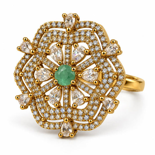 Mint Green Stone Scalloped Floral Halo Ring - Gold Plated, product view