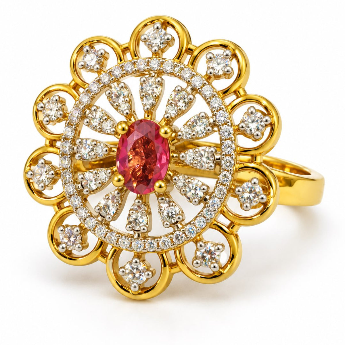 Red Center Stone Scalloped Floral Halo Ring - Gold Plated