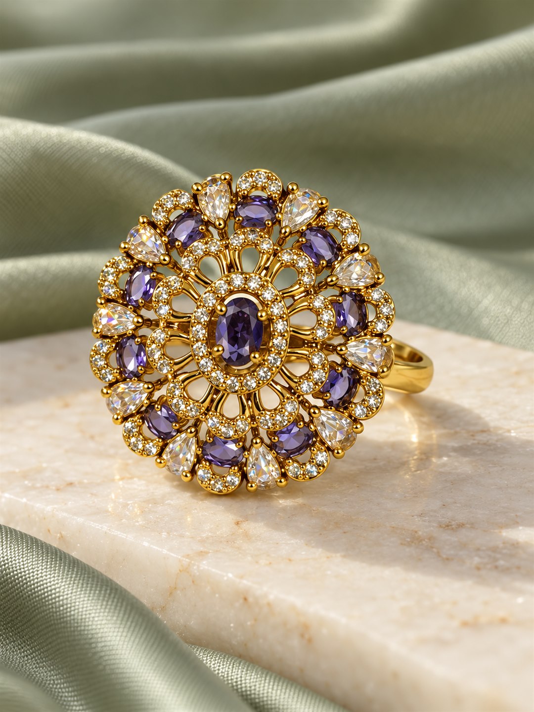 Purple Stone Ornate Floral Cluster Ring - Gold Plated, additional view 3