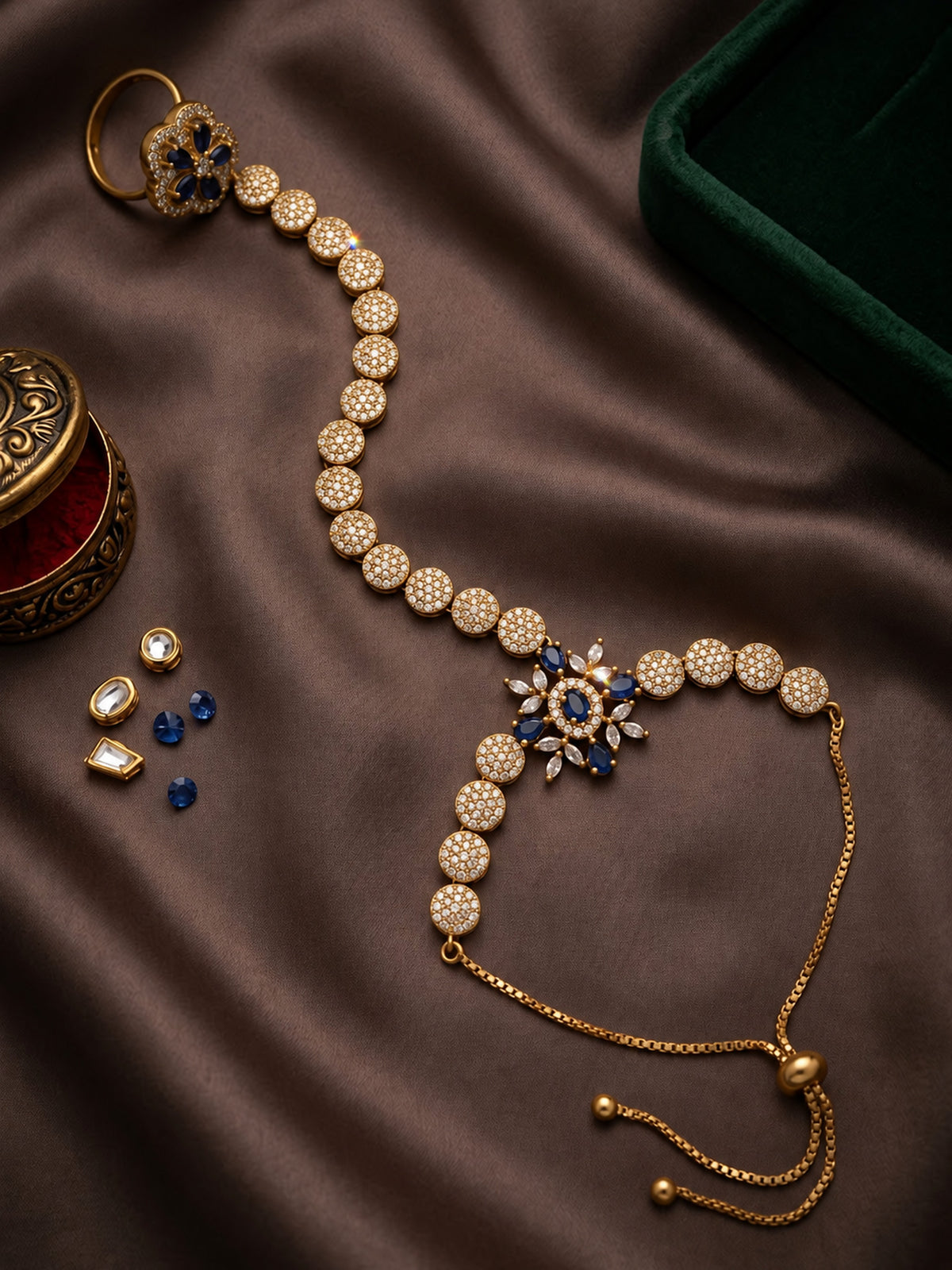 Blue Floral Round-Stone Chain Hathphool - Mehndi Plated