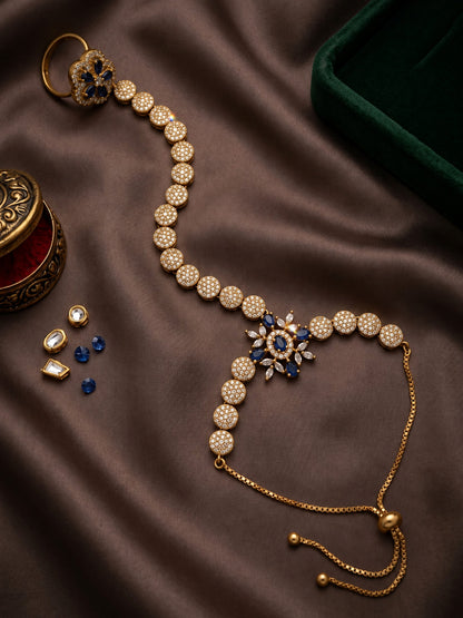 Blue Floral Round-Stone Chain Hathphool - Mehndi Plated