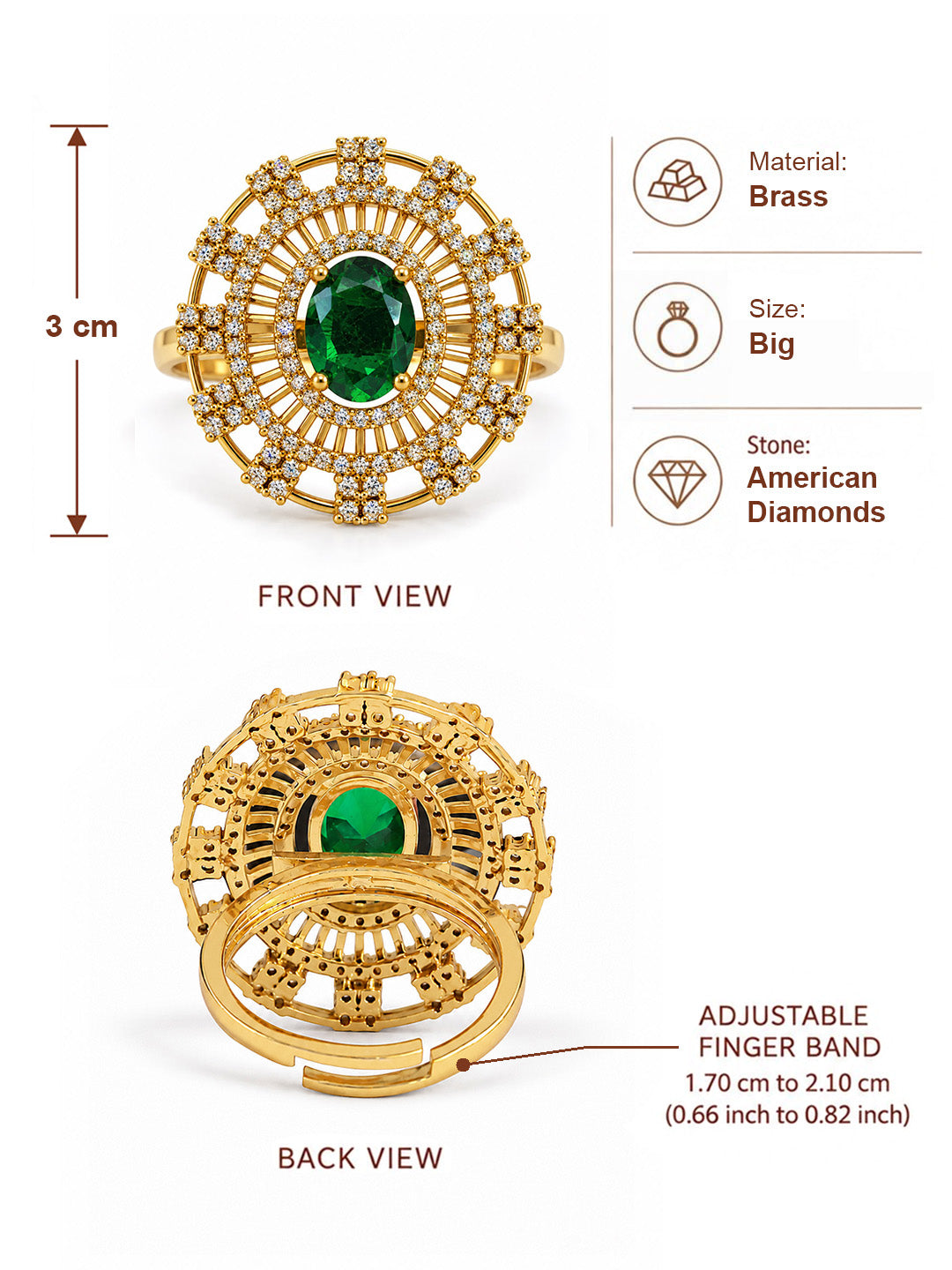 Green Stone Oval Baguette Halo Ring - Gold Plated, additional view 6