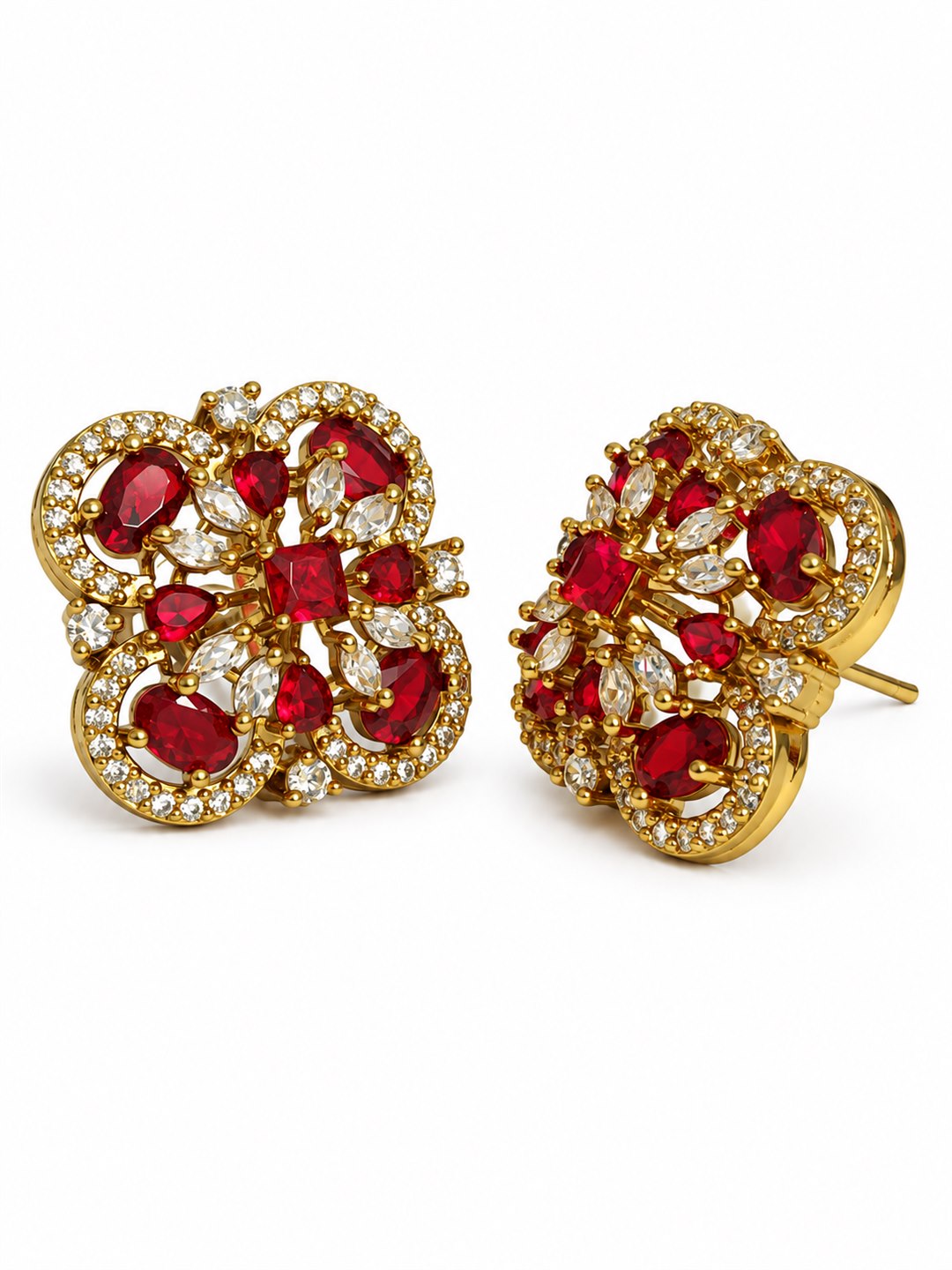 Red Four Petal Oval Stone Stud Earrings - Gold Plated
