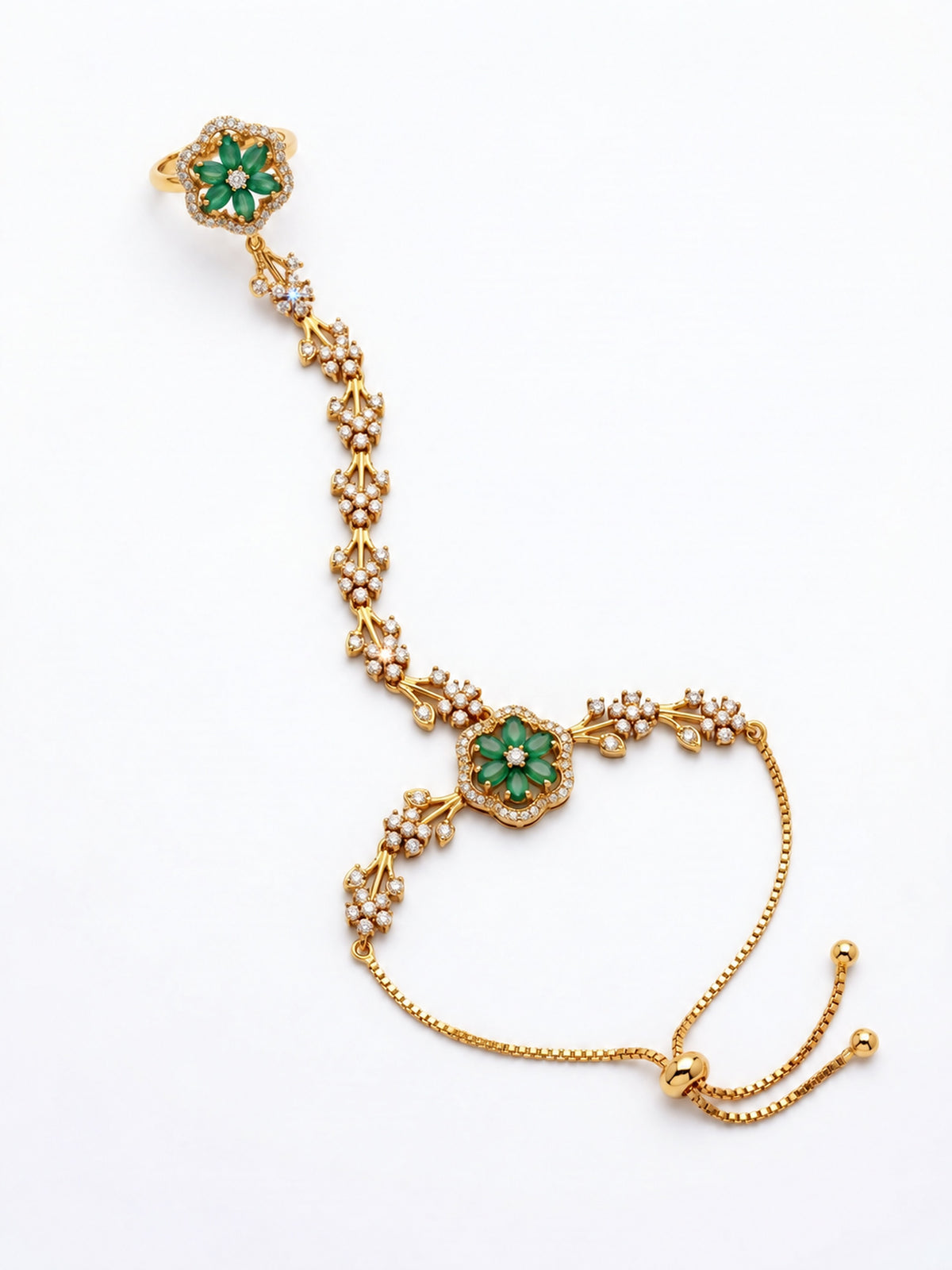 Green Floral Marquise-Stone Chain Hathphool - Mehndi Plated