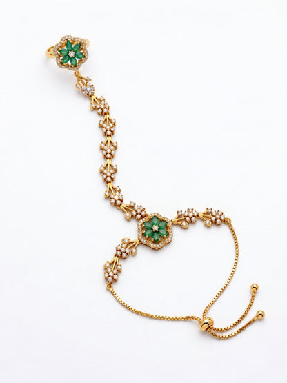 Green Floral Marquise-Stone Chain Hathphool - Mehndi Plated