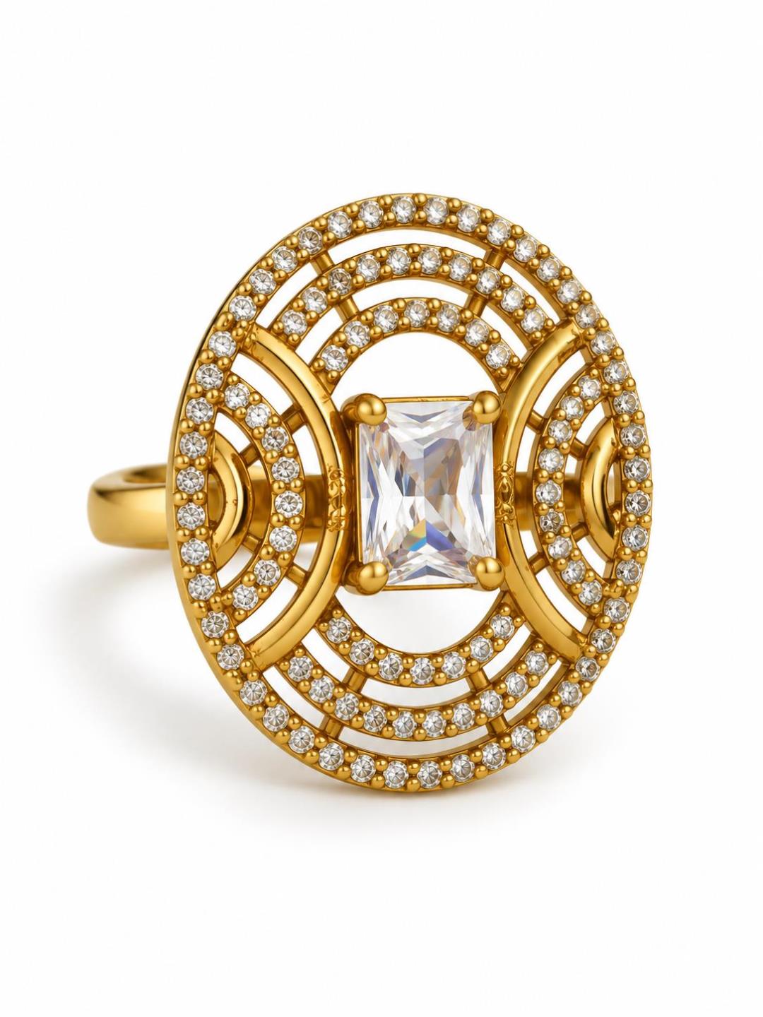 Clear Stone Rectangular Stone Oval Halo Ring - Gold Plated, additional view 1