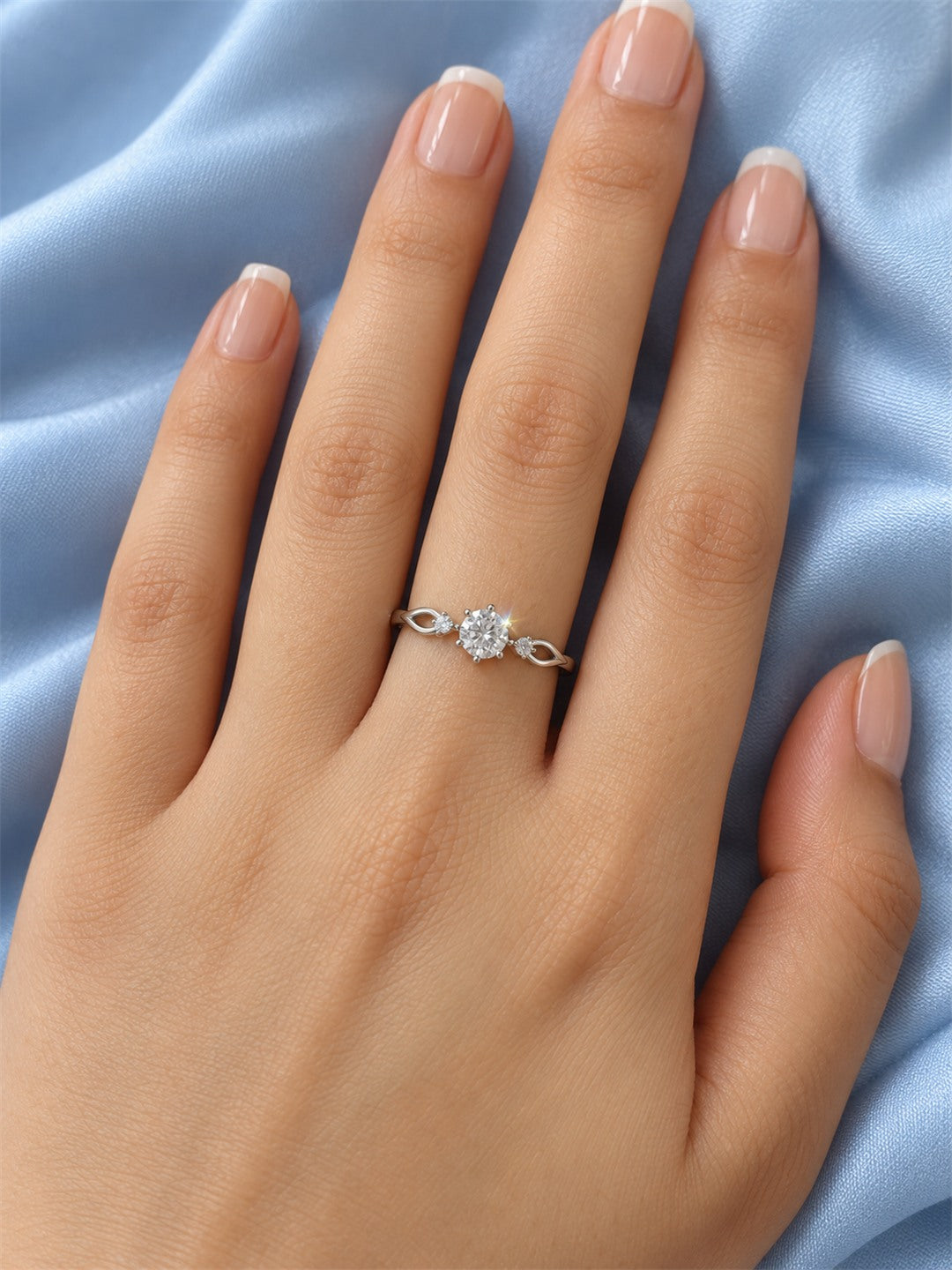 Clear Three Stone Twist Ring - Silver Plated, model close-up