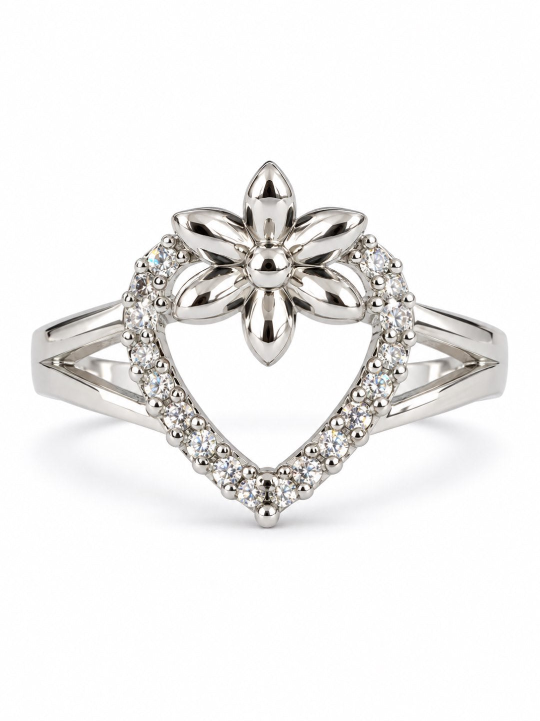 Clear Heart and Flower Ring - Silver Plated