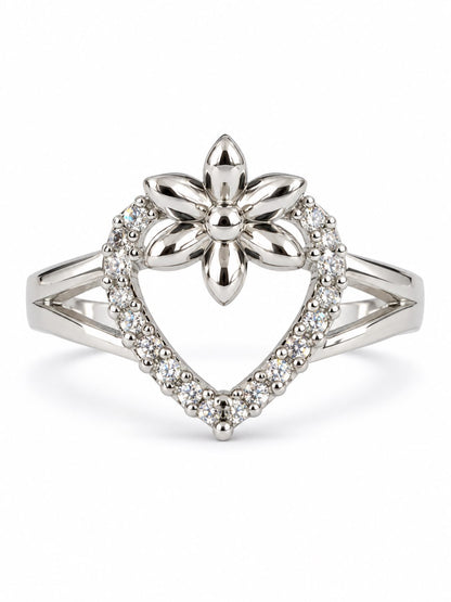 Clear Heart and Flower Ring - Silver Plated