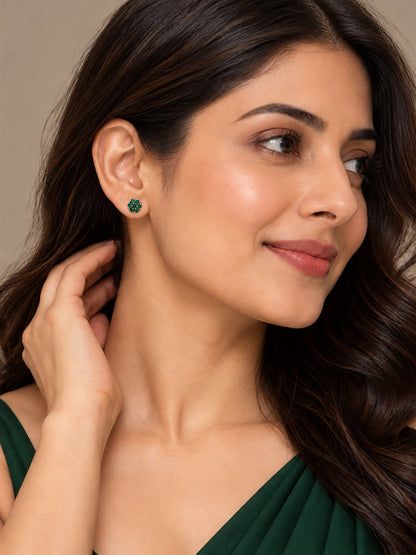 Green Stone Floral Cluster Stud Earrings, silver plated, worn on model