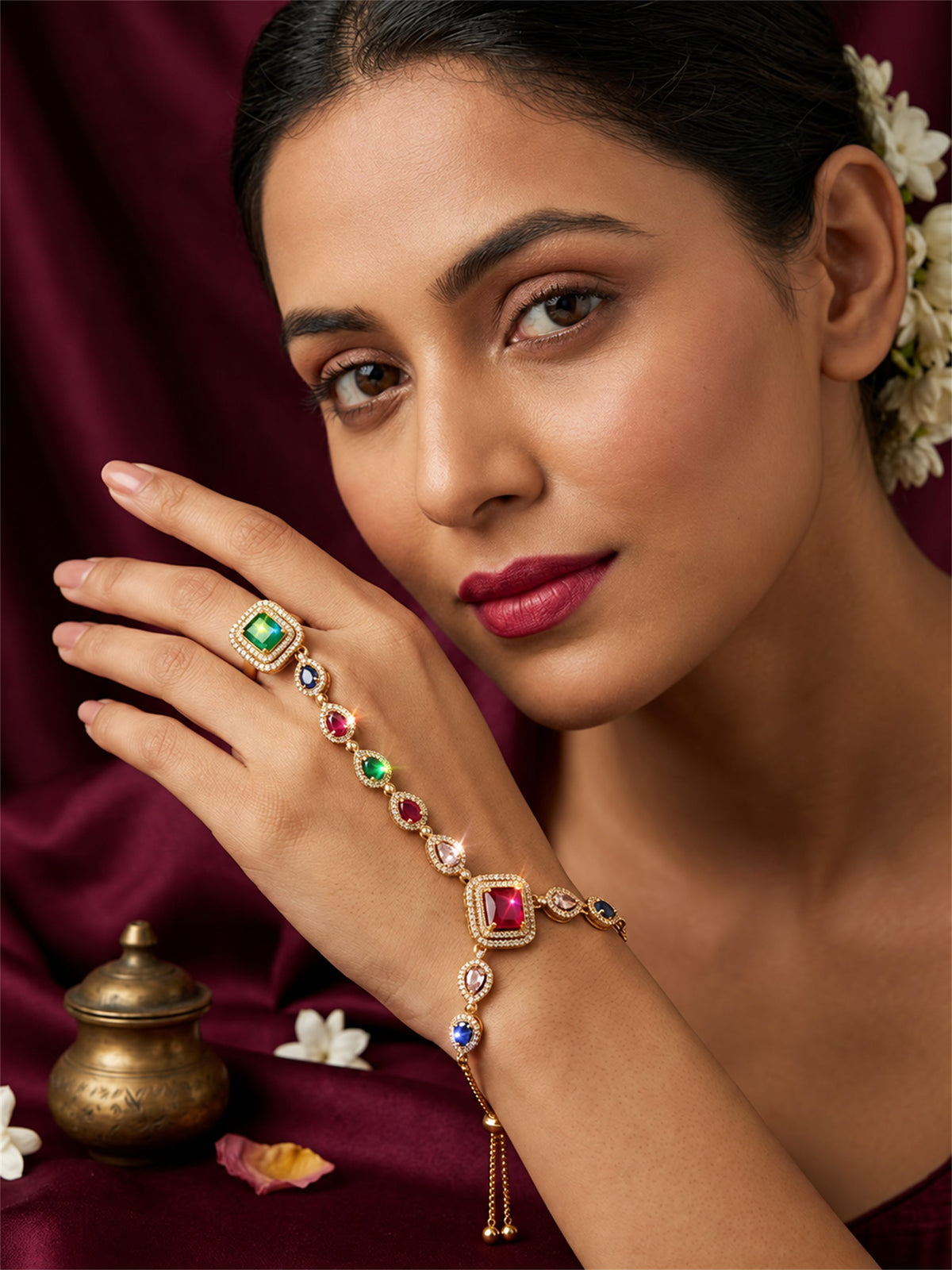 Multicolor Square Halo and Teardrop Hathphool - Mehndi Plated
