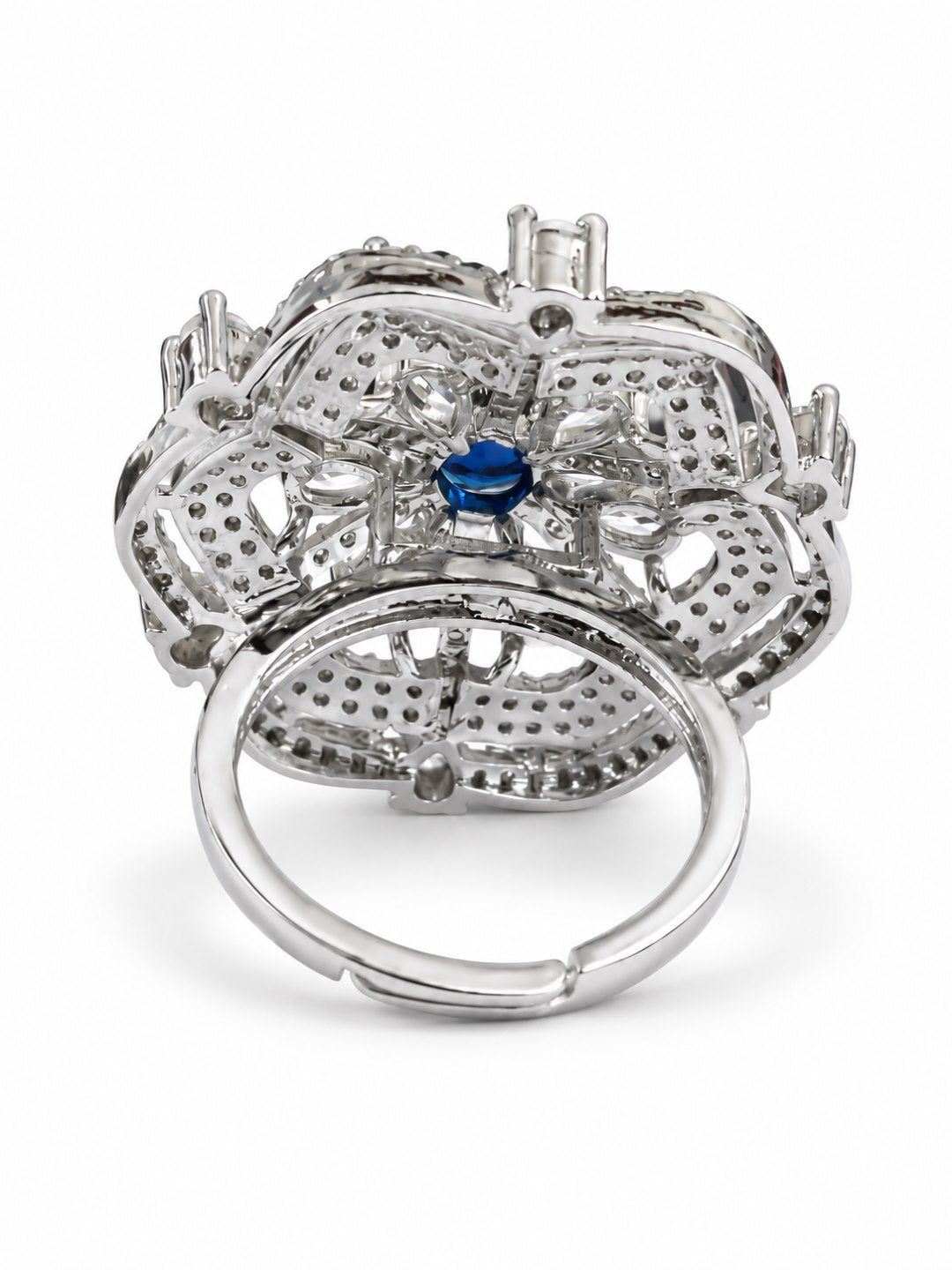 Blue Round Center Geometric Flower Ring - Silver Plated - alternate view
