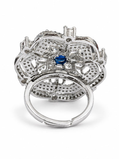 Blue Round Center Geometric Flower Ring - Silver Plated - alternate view