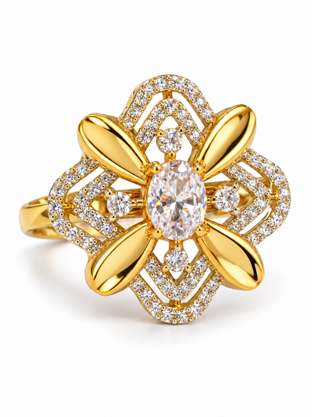 White Center Stone Four-Petal Floral Ring - Gold Plated