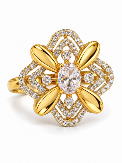 White Center Stone Four-Petal Floral Ring - Gold Plated
