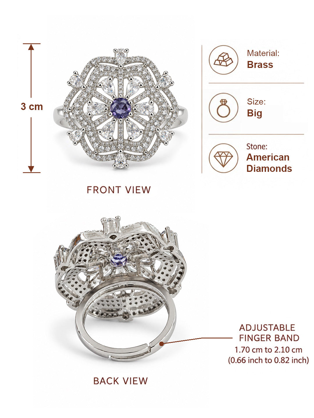 Purple Round Center Geometric Flower Ring - Silver Plated - alternate view