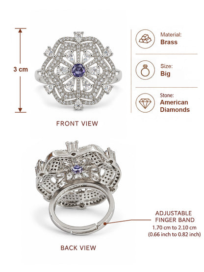 Purple Round Center Geometric Flower Ring - Silver Plated - alternate view