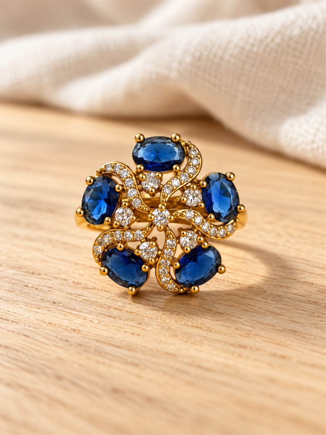 Blue Stone Five Petal Swirl Ring - Gold Plated, additional view 3