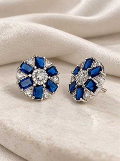 Blue round flower silver-plated stud earrings