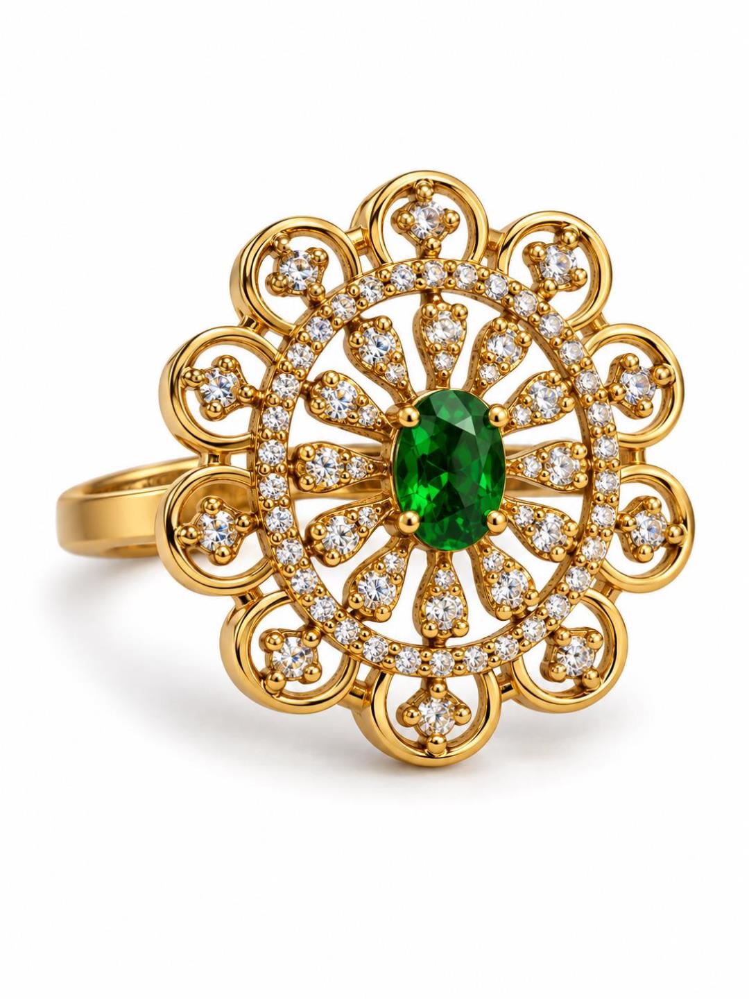 Green Stone Scalloped Sunburst Ring - Gold Plated, additional view 2